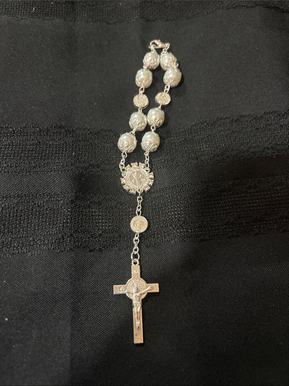 Silver Rosary Necklace for Women - Religious Cross Pendant